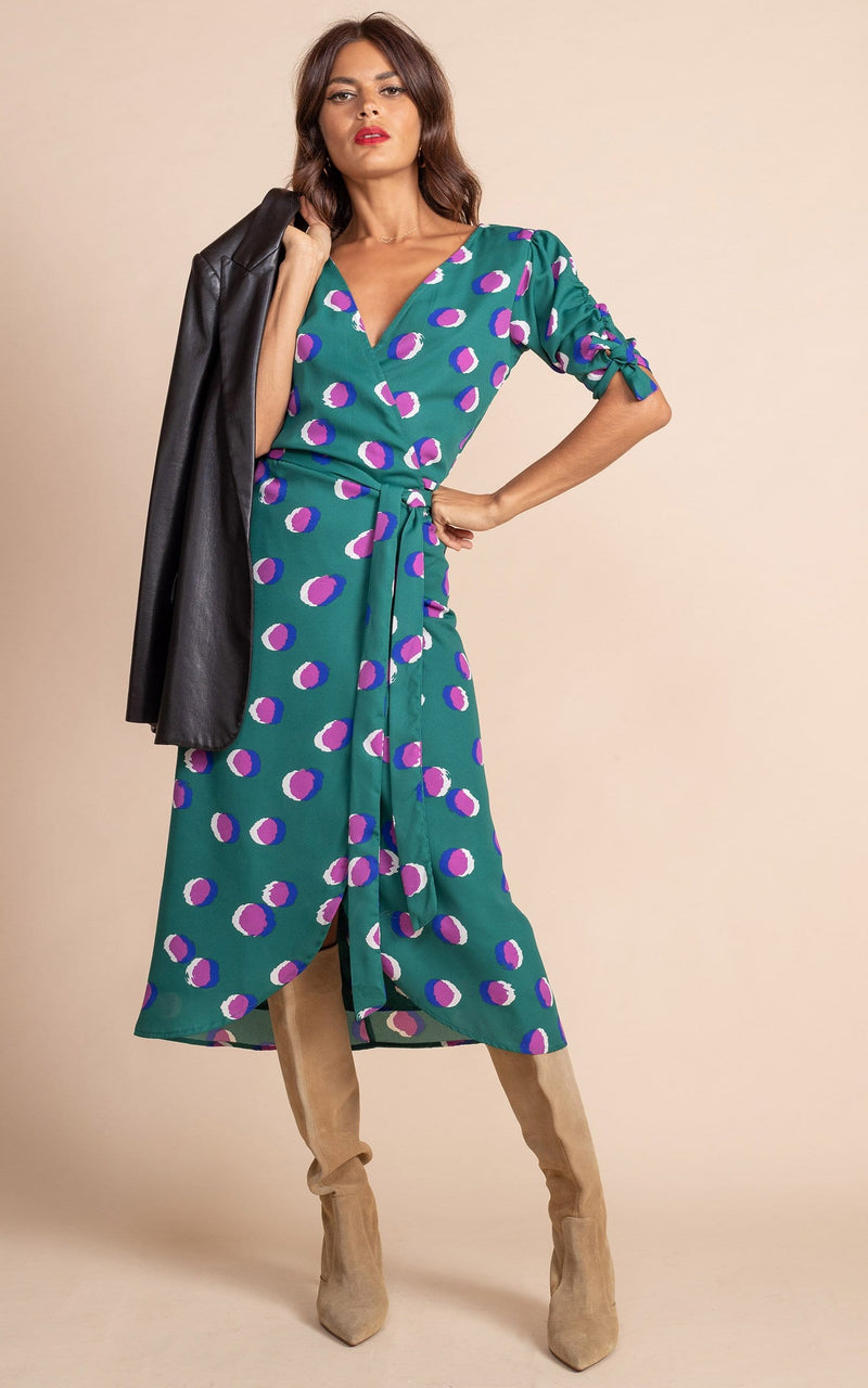 Olivera Midi Dress in Polka Dot Purple on Green – Dancing Leopard